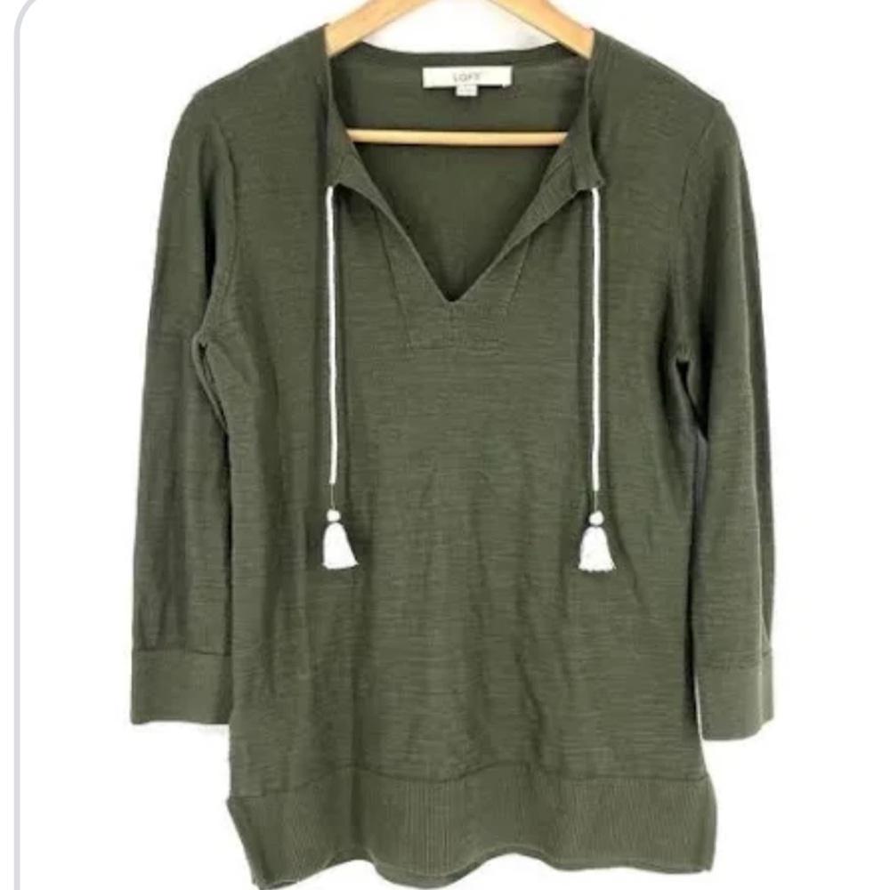 LOFT Lightweight V-Neck Tassel Tie Knit Tunic Sweater